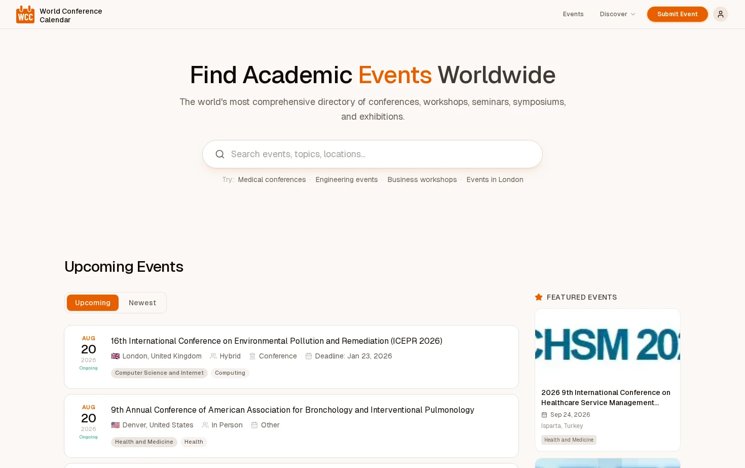 World Conference Calendar 页面快照
